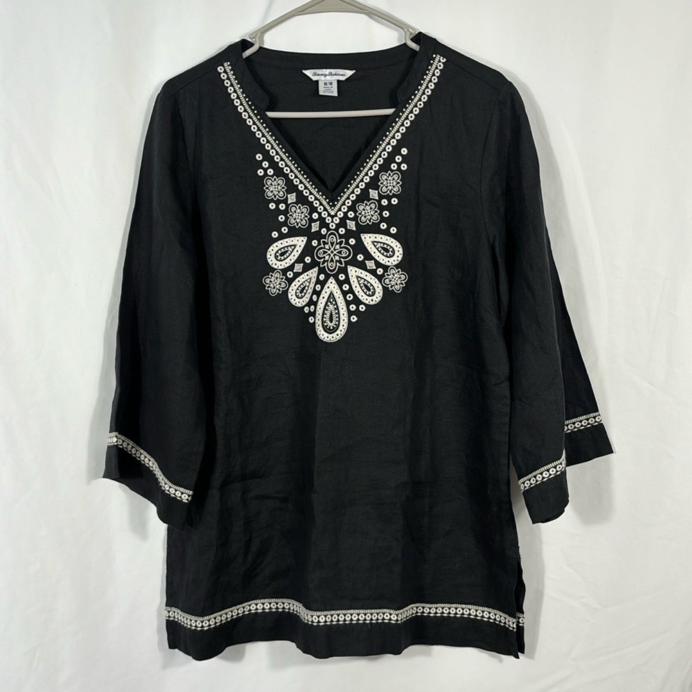 Tommy Bahama Beaded Embroidered Oversized Linen Tunic Blouse | Size Medium